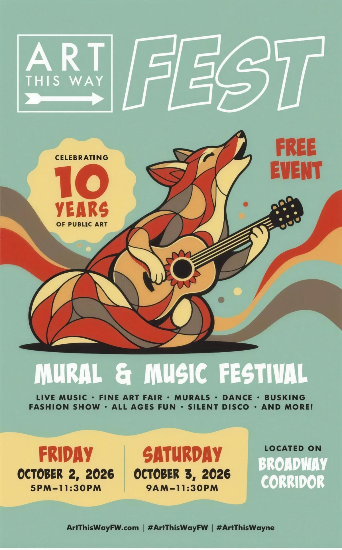 Art This Way Fest 2026 poster with a stained-glass fox playing guitar